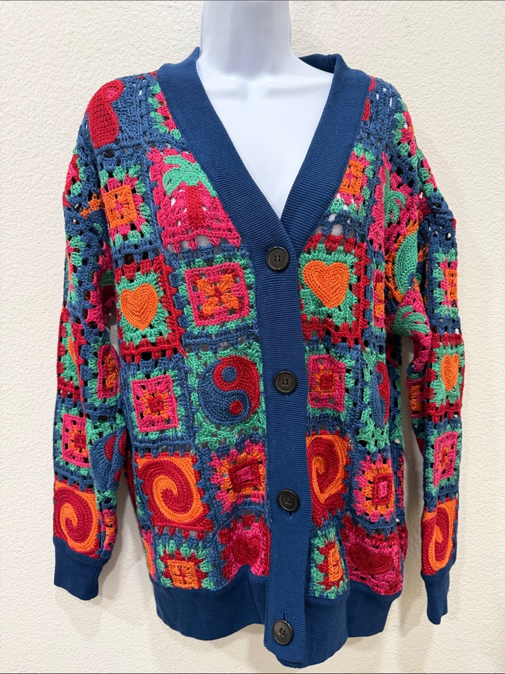 FARM Rio Multicolor Crochet Cardigan with Navy Trim - Picture 7 of 8